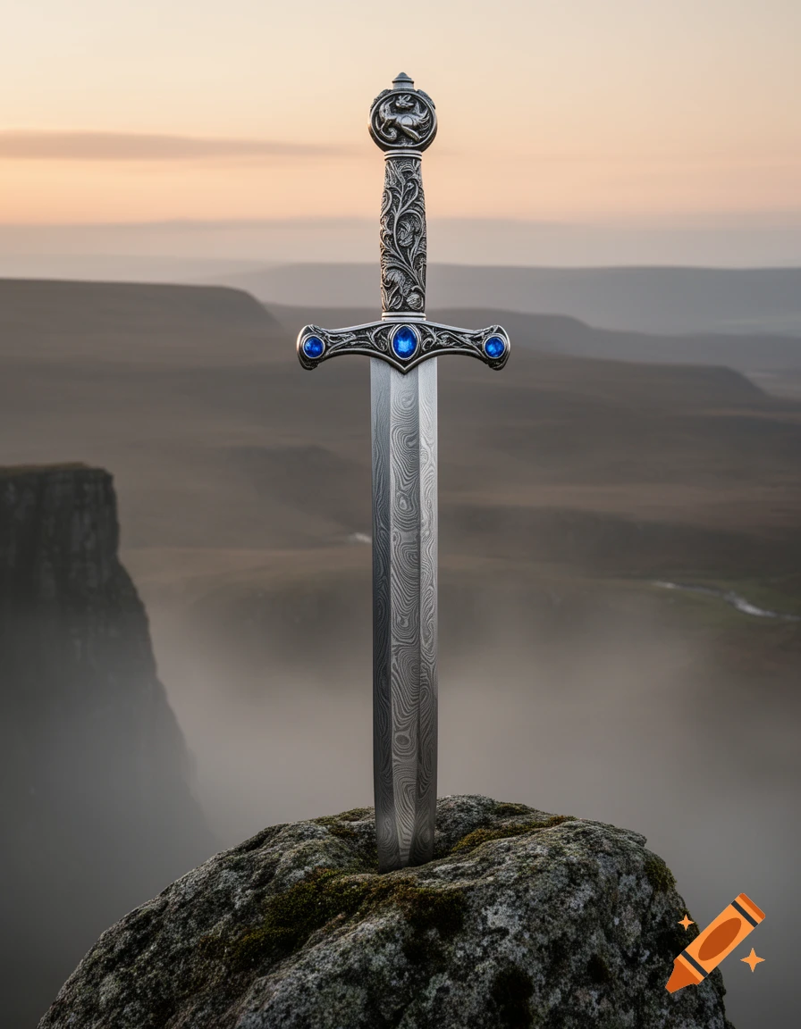 A detailed mythical sword with a patterned blade and hilt, adorned with blue gems, stuck in a mossy rock on a misty mountain landscape at sunset.