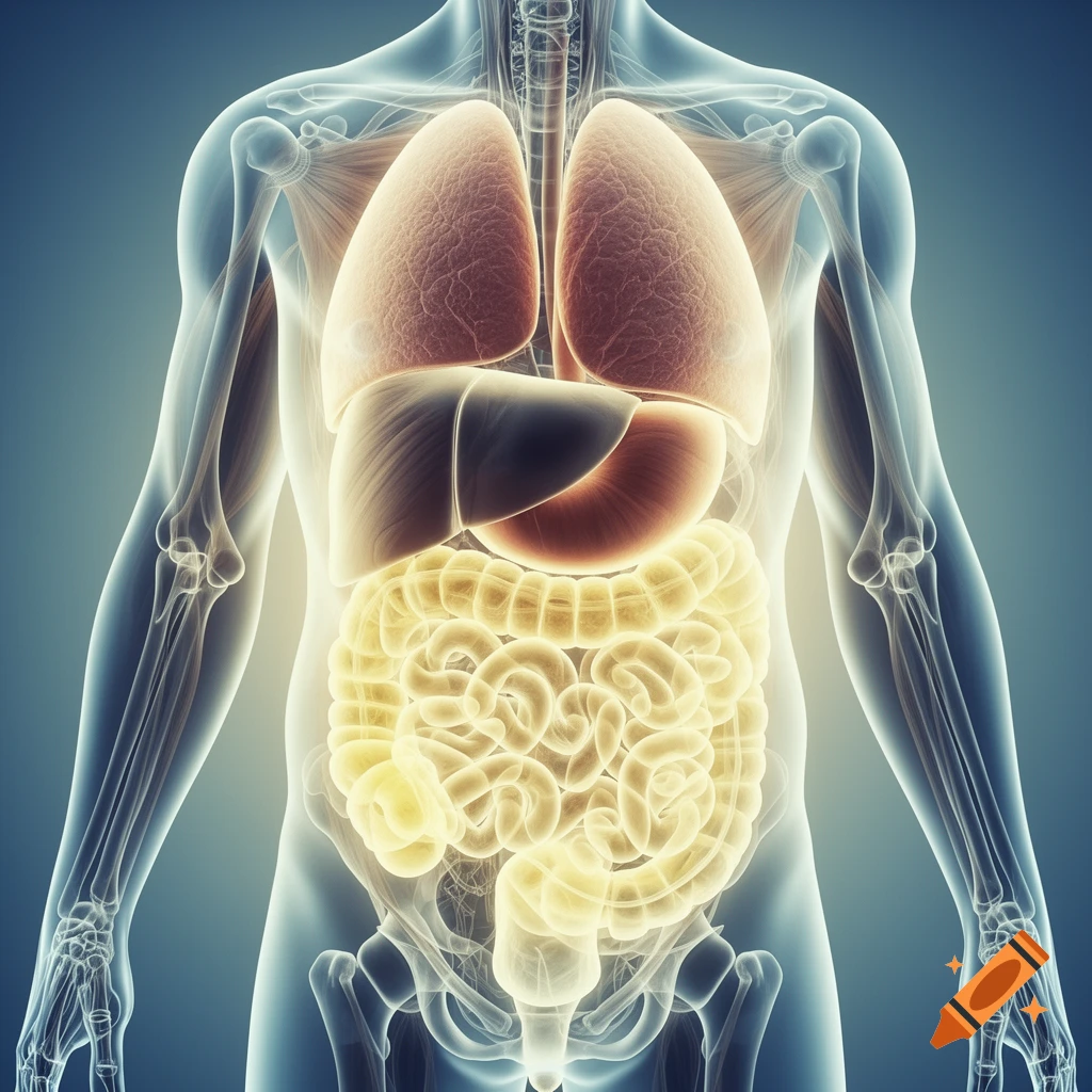 Transparent rendering of a human torso showing detailed internal organs like lungs, liver, stomach, and intestines.