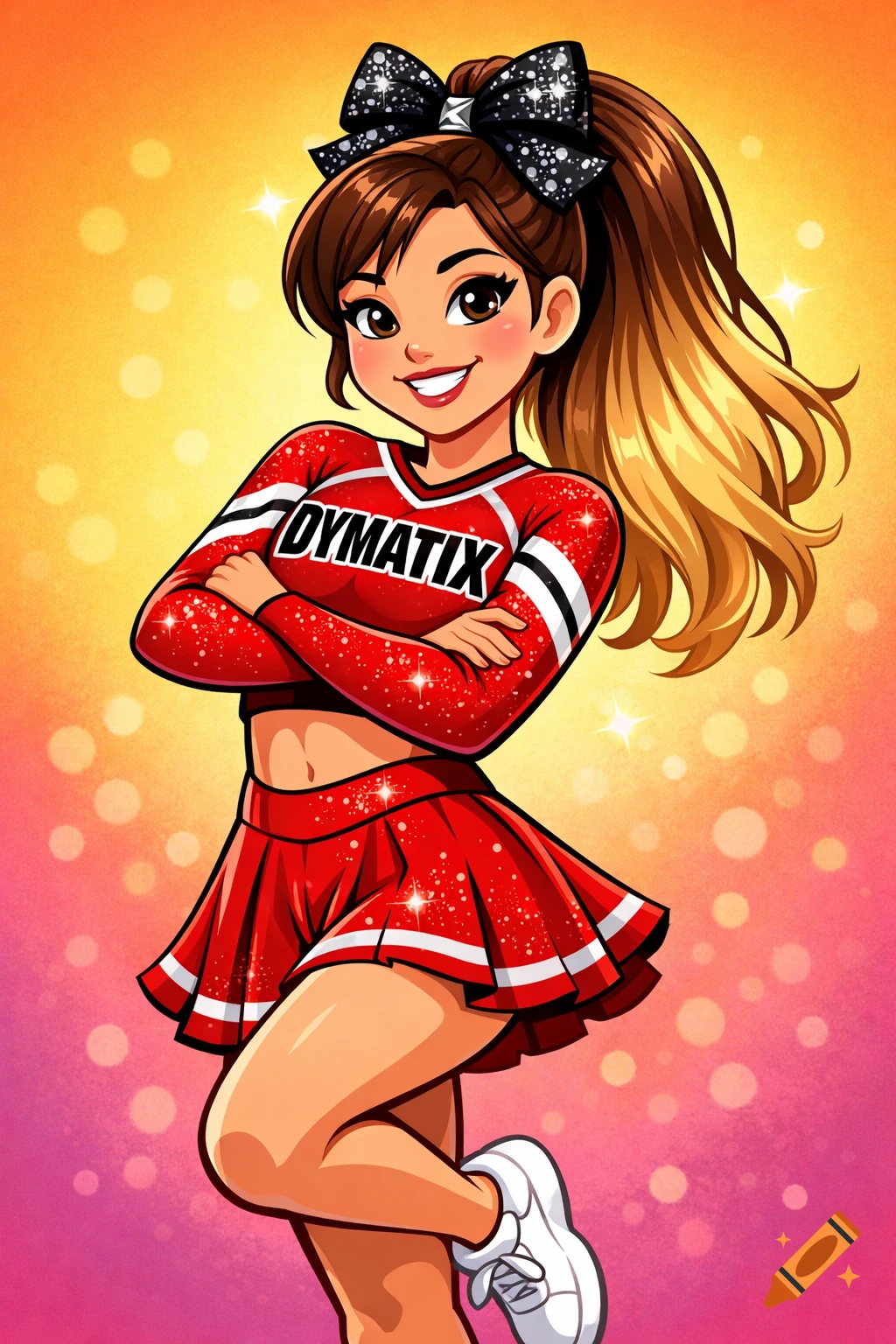 A smiling cartoon cheerleader with brown-blonde hair in a ponytail, wearing a sparkly black bow, and a red uniform with "DYMATIX" text.