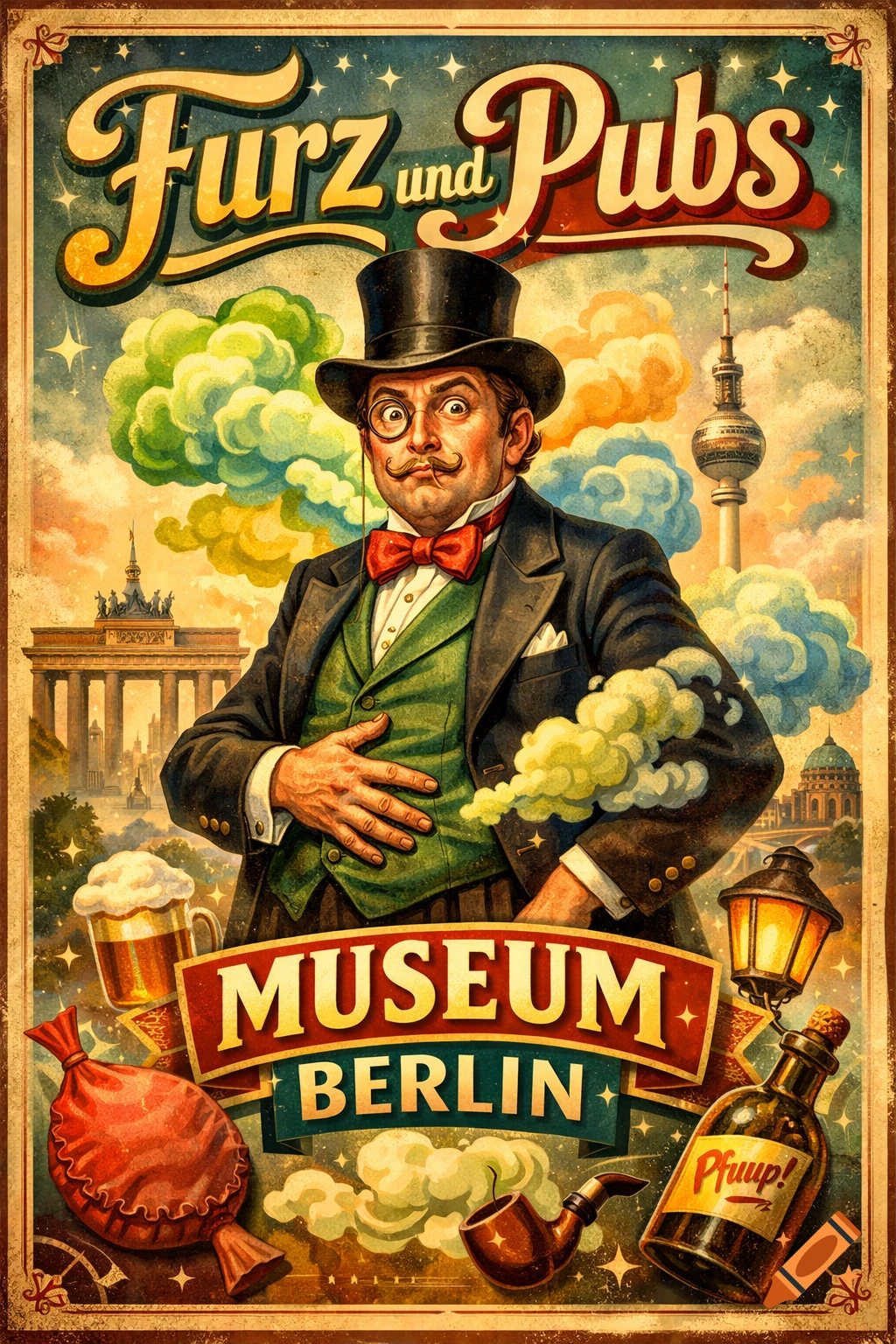 Vintage poster for the 'Furz und Pubs Museum Berlin' featuring a gentleman in a top hat, beer, and city landmarks.