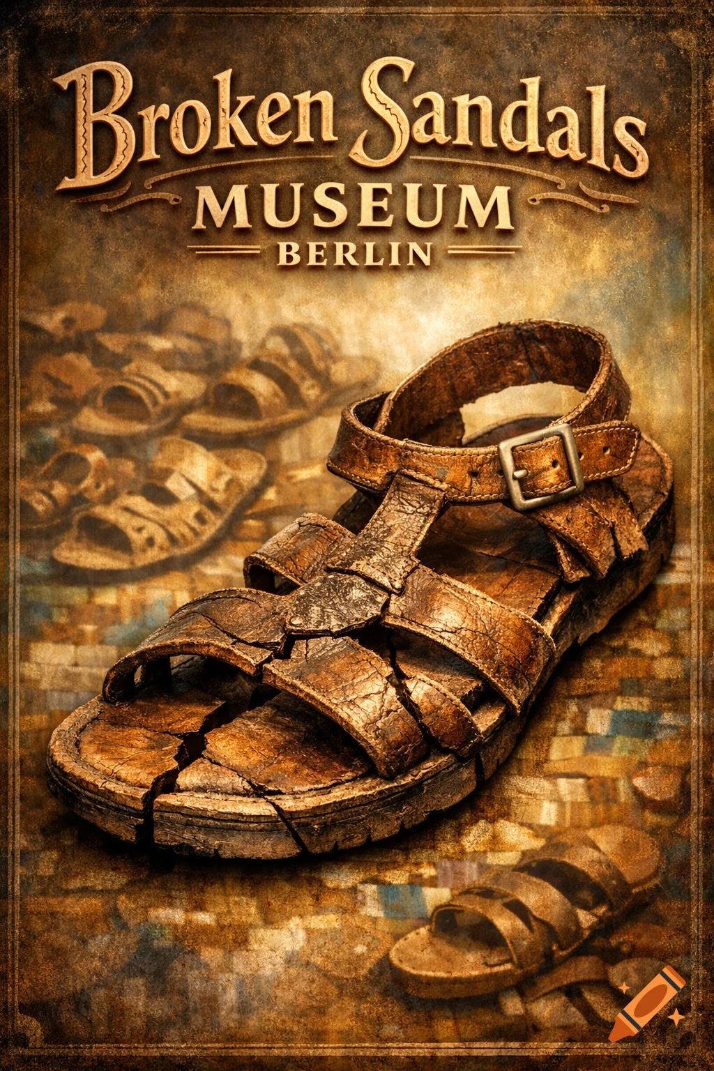 Vintage poster for 'Broken Sandals Museum Berlin' featuring a close-up of a detailed, cracked brown leather sandal.
