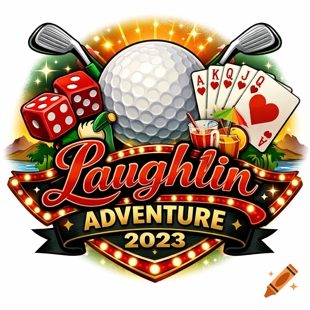 Vibrant logo featuring a golf ball, clubs, dice, playing cards, cocktails, and 'Laughlin ADVENTURE 2023' text.