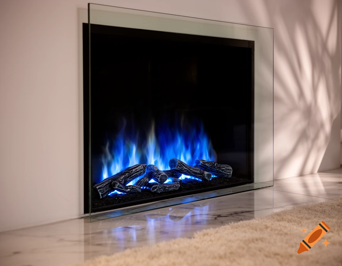 A modern electric fireplace with blue flames and logs behind a glass screen, reflecting on a polished floor and a cream rug.