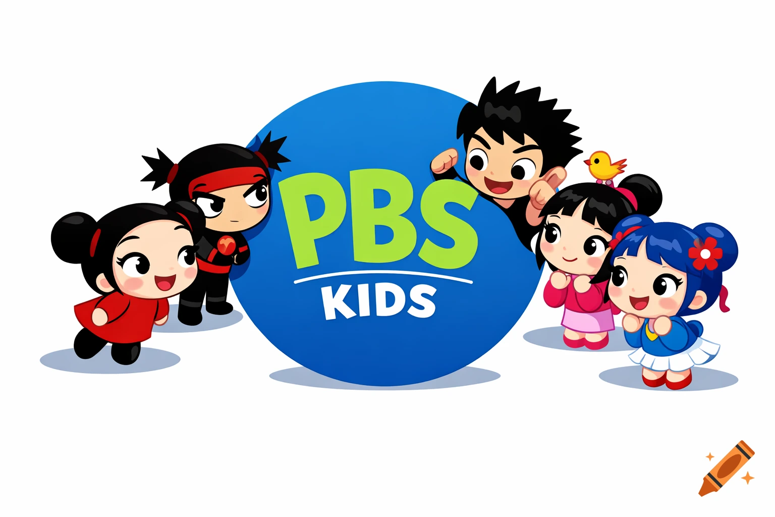 Anime-style characters from Pucca and friends peeking around a blue circle with the 'PBS KIDS' logo.