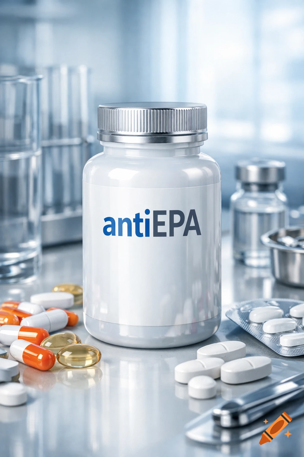 Photorealistic image of a white bottle labeled 'antiEPA' surrounded by pills, capsules, and lab equipment on a reflective surface.