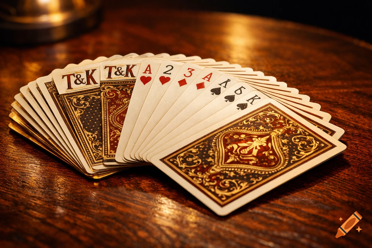 Ornate playing cards fanned out on a wooden table under warm lighting.