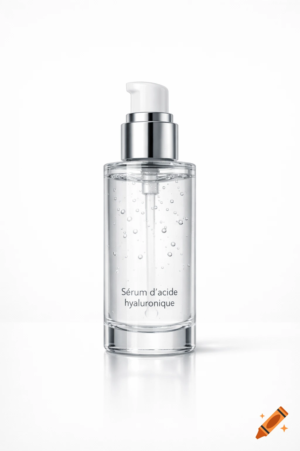 A clear glass pump bottle of hyaluronic acid serum with visible bubbles inside, on a reflective white surface.