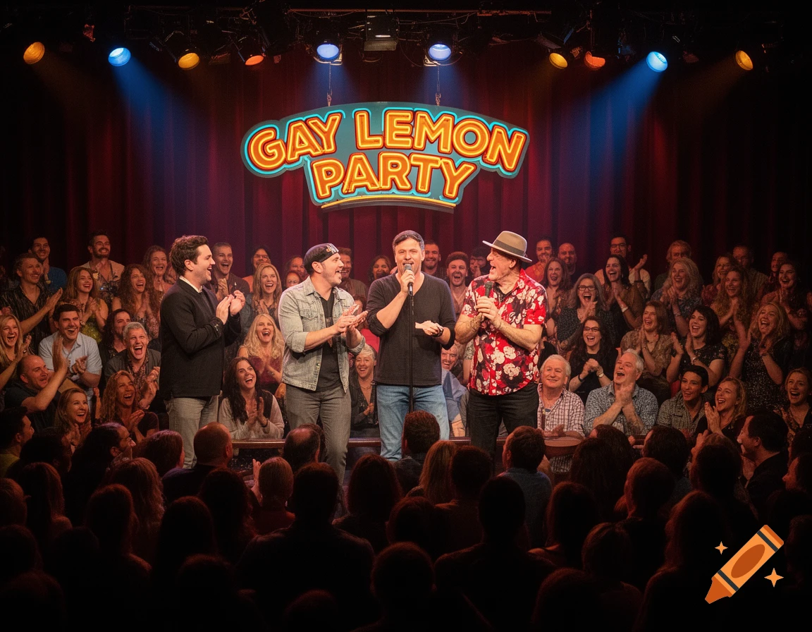 Four men on a stage with microphones and an audience, under a neon sign that says 'GAY LEMON PARTY'.