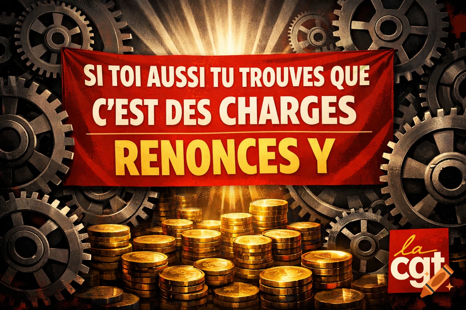 Red propaganda banner with French text 'SI TOI AUSSI TU TROUVES QUE C'EST DES CHARGES RENONCES Y' over gold coins and gears, with 'la cgt' logo.