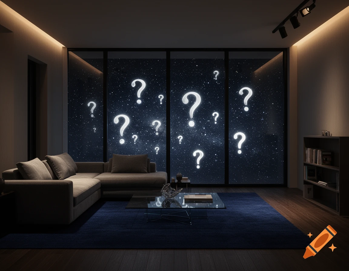 A modern living room with a dark blue rug and a window looking out onto a starry night sky filled with glowing white question marks.