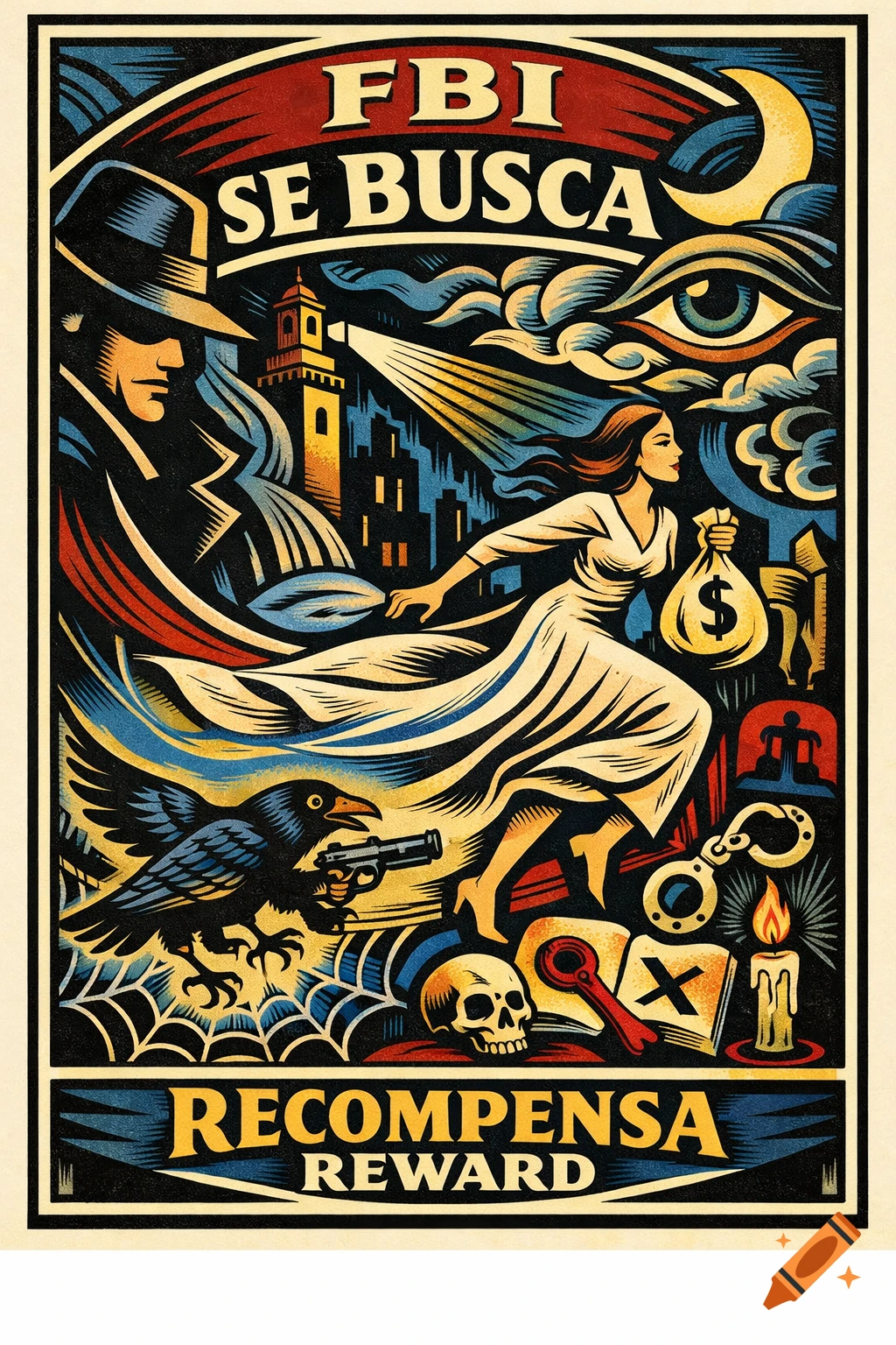 Stylized linocut poster for an FBI wanted ad, featuring a running woman with a money bag, a detective, a crow with a gun, and symbolic elements.