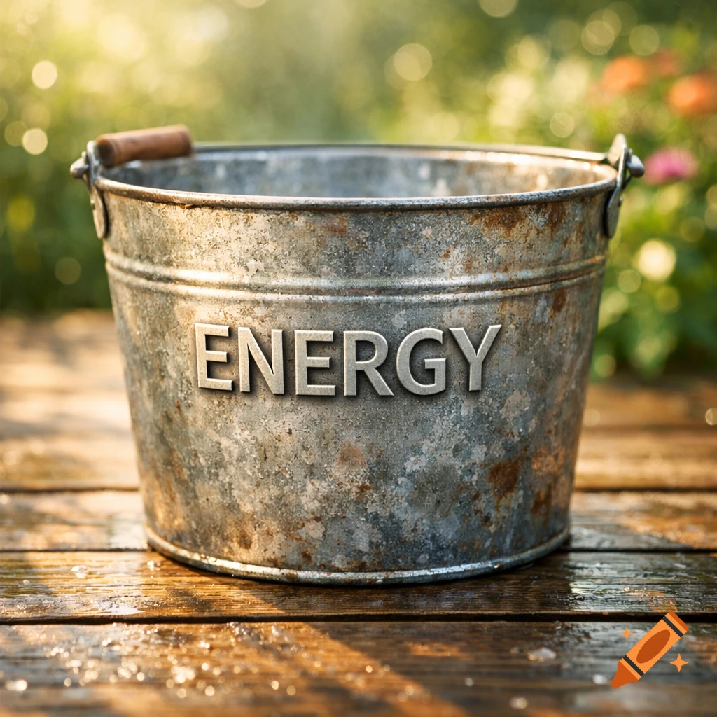 A rusty galvanized metal bucket with the word 'ENERGY' on its side sits on wet wooden planks in a sunny outdoor setting.