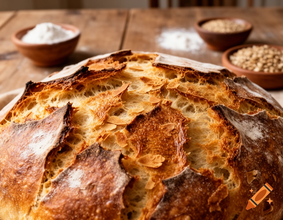 Close-up, photorealistic image of a rustic, golden-brown loaf of bread on a wooden table, with baking ingredients in the blurred background.