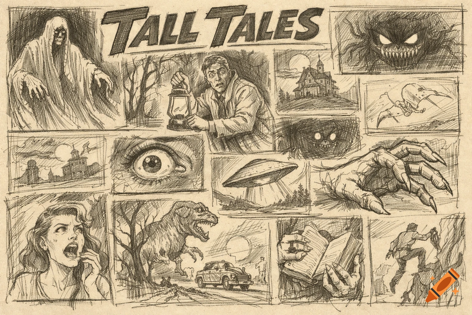 A collection of vintage-style pencil sketches depicting various horror scenes from a pulp magazine titled 'Tall Tales'.