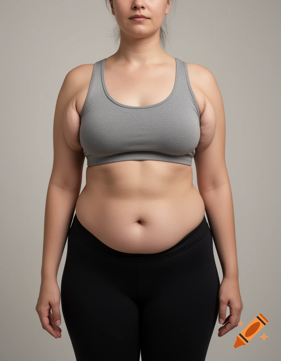 A front view of a woman with medium arms, armpit fat, and stomach fat, wearing a gray sports bra and black leggings, against a light background.