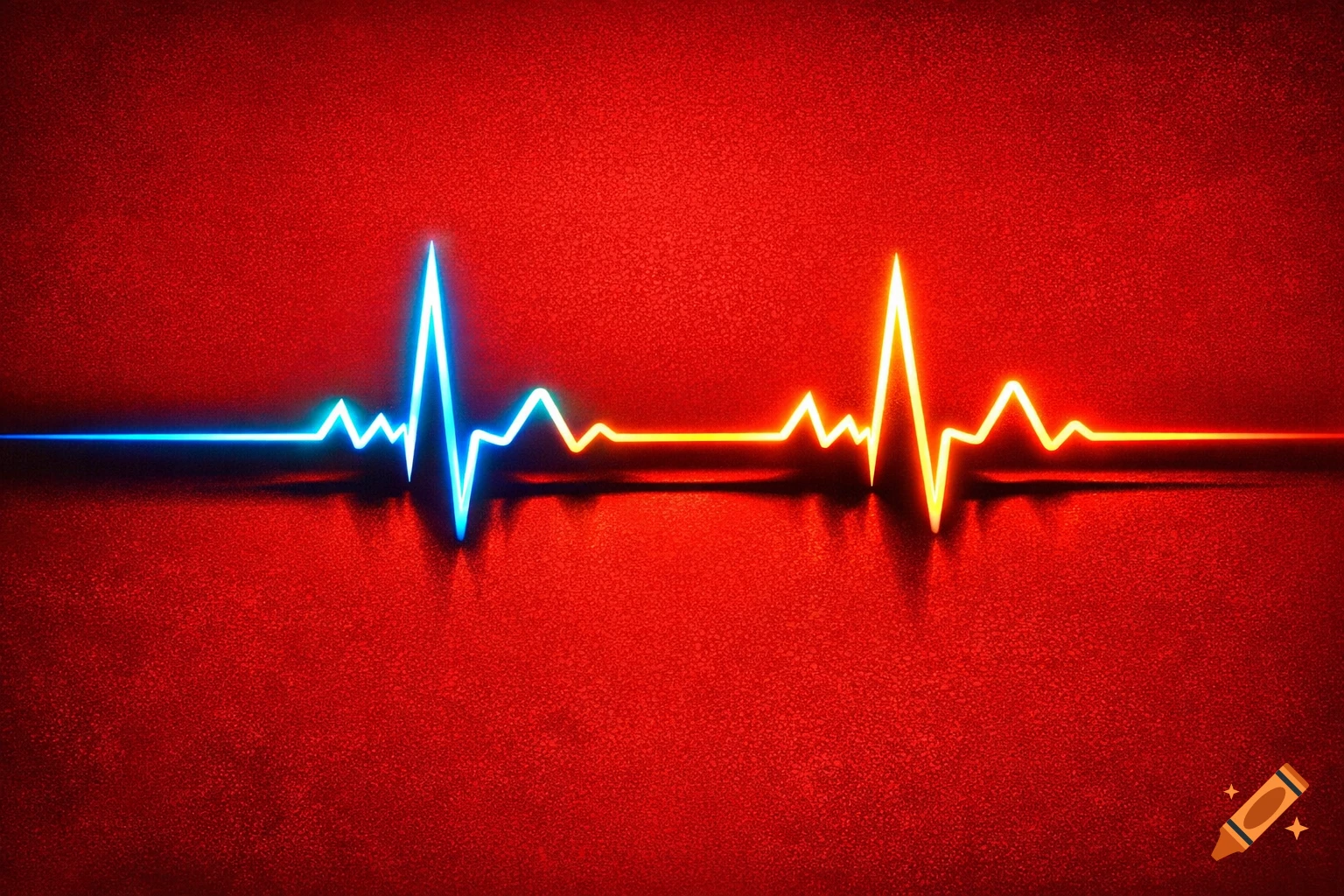 Stylized blue and orange neon heartbeat line on a textured red background.
