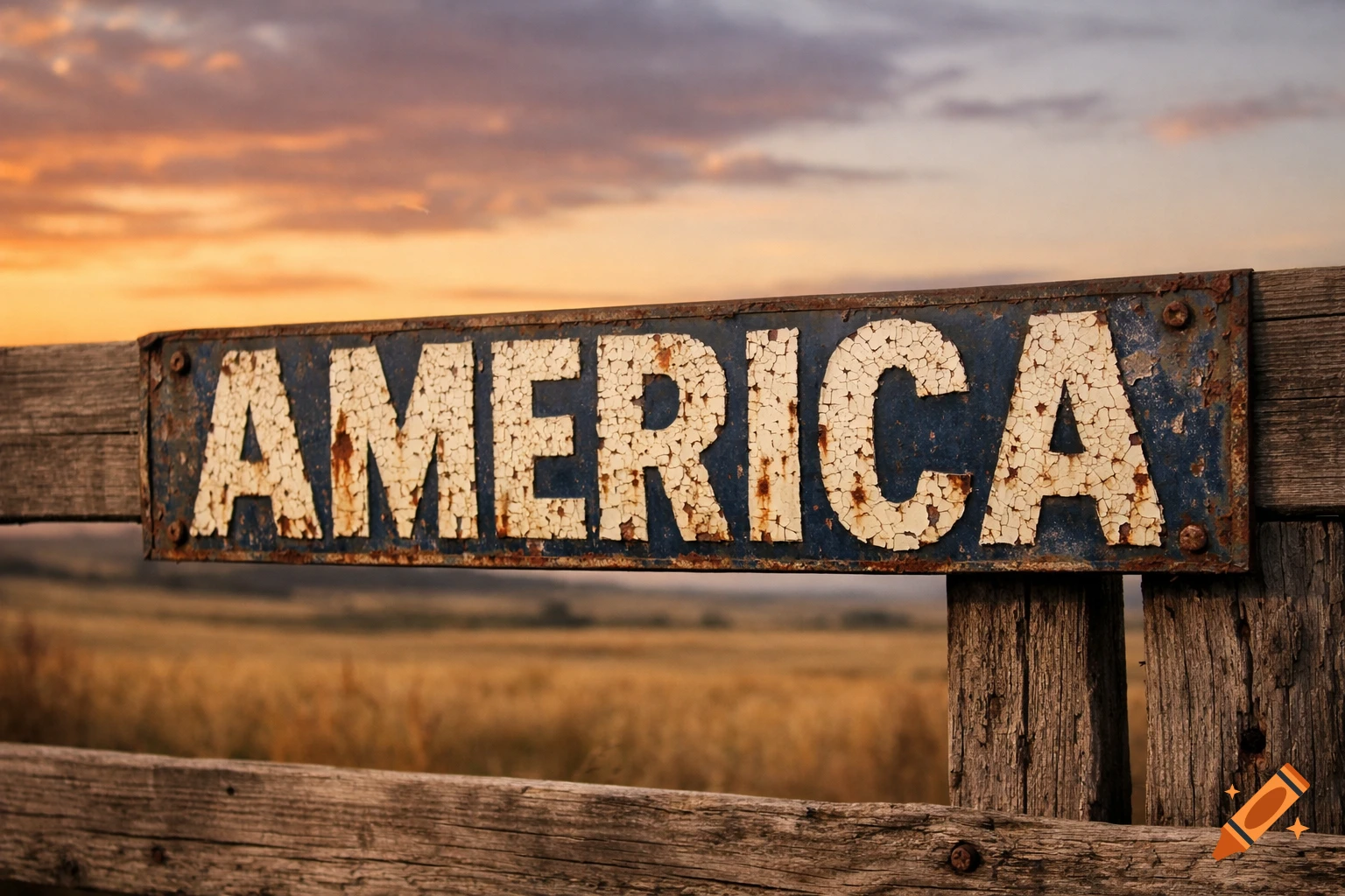 A rusted blue sign with chipped white letters spelling AMERICA, attached to a wooden fence post against a rural field and sunset sky.
