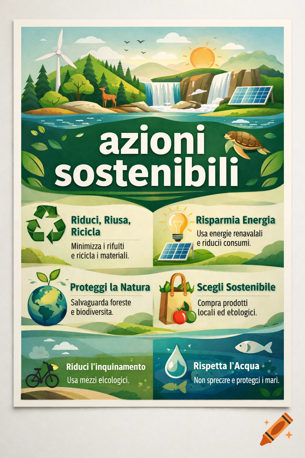 An illustrated poster depicting various sustainable actions, including recycling, saving energy, protecting nature, choosing local products, reducing pollution, and respecting water.