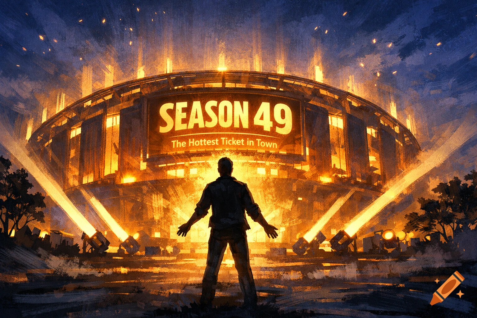 A silhouetted person faces a glowing stadium at night, with a banner reading "SEASON 49 The Hottest Ticket in Town."