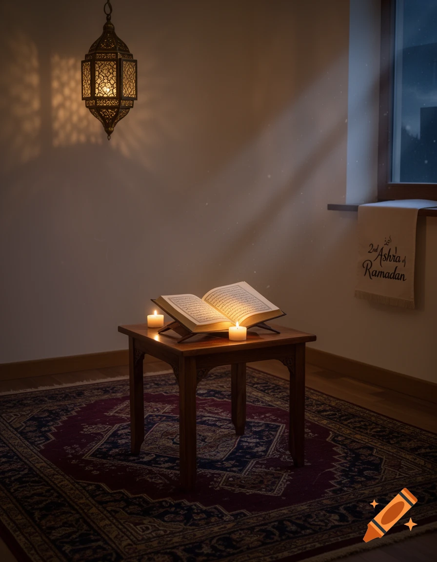 An open Quran on a wooden stand with two lit candles on a table, under a hanging lantern, next to a window with a Ramadan cloth.