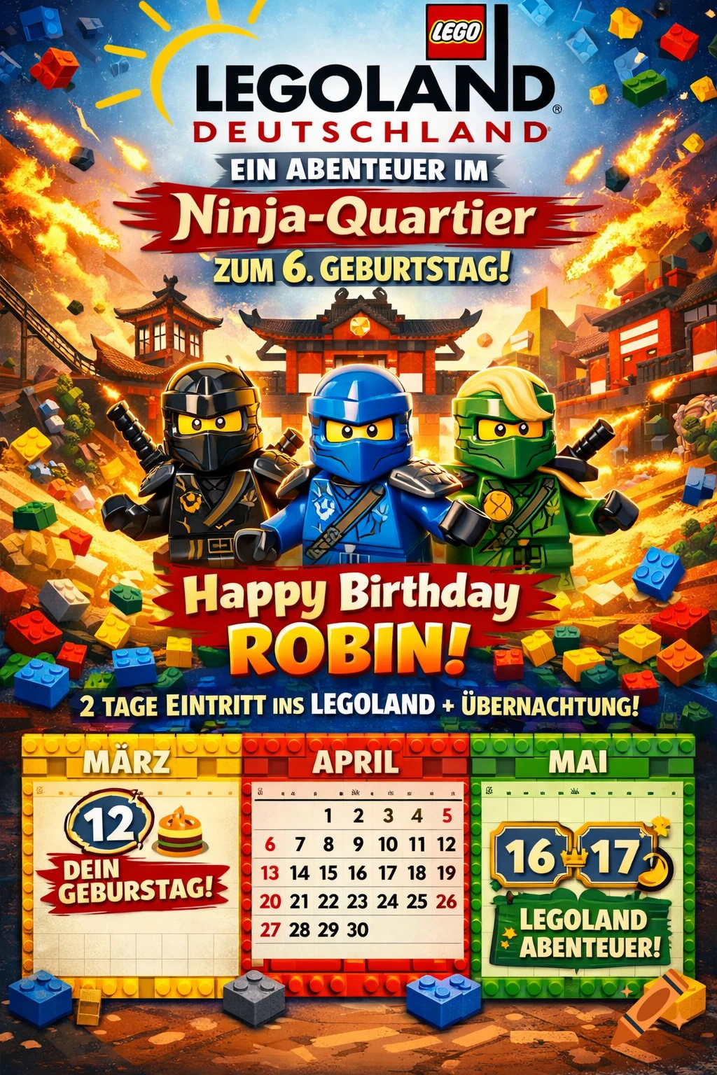 A colorful Legoland Deutschland birthday greeting card featuring Lego Ninjago characters Cole, Jay, and Lloyd, with text 'Happy Birthday ROBIN!' and a calendar highlighting a birthday and a Legoland adventure.