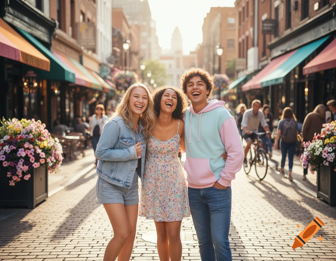 Three young, diverse friends laugh joyfully on a sunny downtown street lined with shops and blooming flowers.