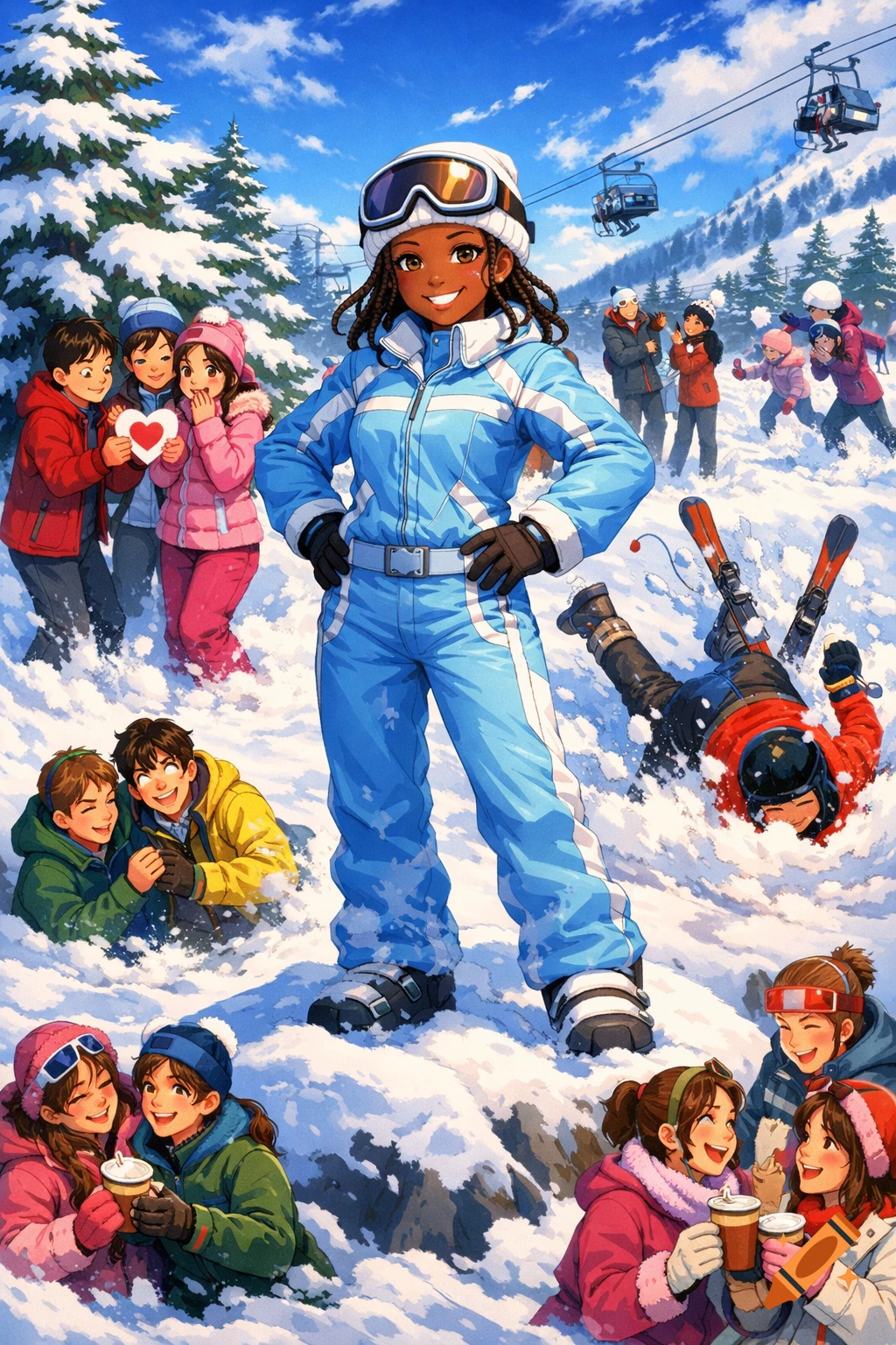 Anime illustration of a confident girl in a blue ski suit at a lively, snowy ski resort with people skiing, playing, and socializing.
