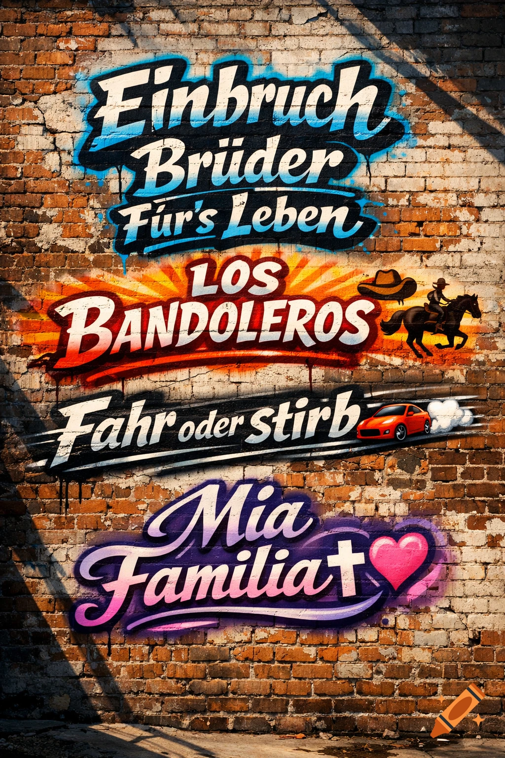 Colorful graffiti slogans like 'Einbruch Brüder Für's Leben', 'LOS BANDOLEROS', 'Fahr oder stirb', and 'Mia Familia' on a weathered brick wall.