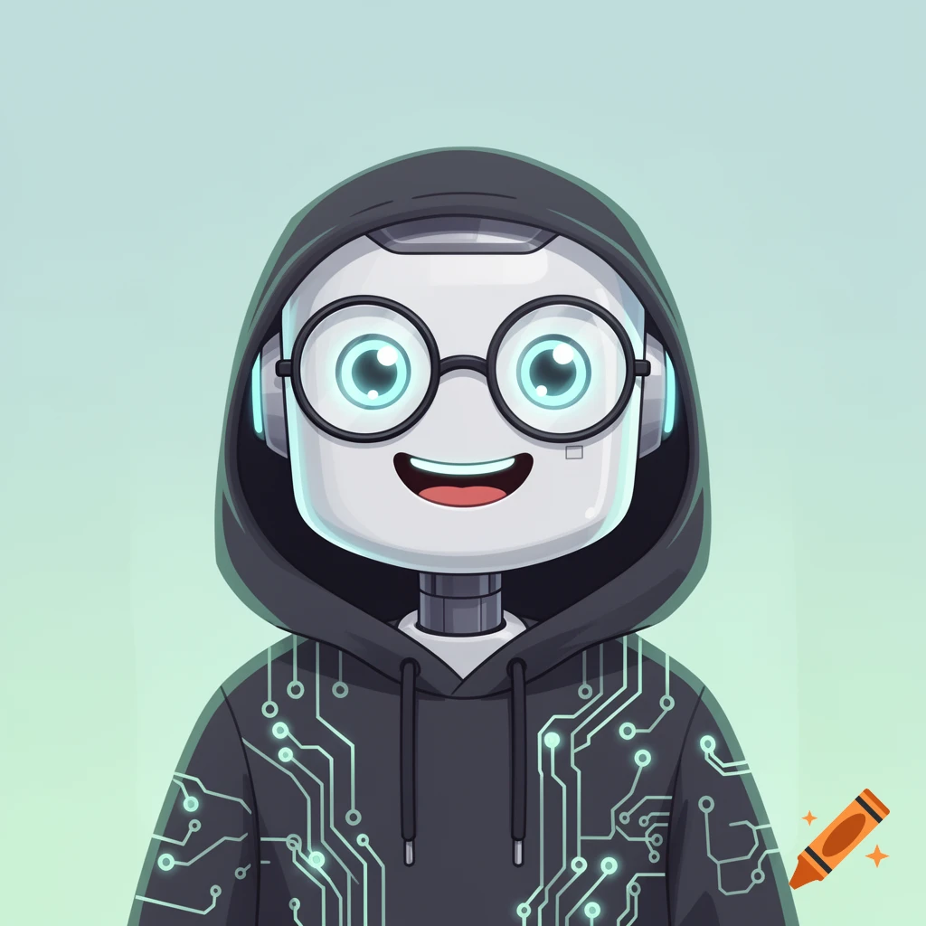 A friendly cartoon robot with a warm smile, wearing a dark hoodie with circuit patterns and round glasses, digital art style.