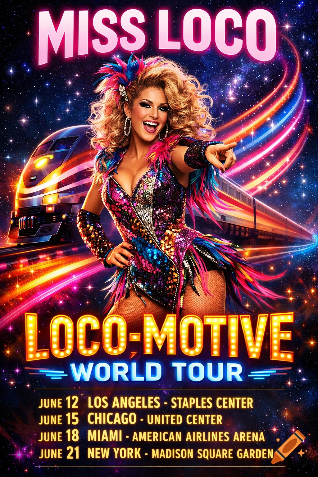 Vibrant concert poster for Miss Loco's 'Loco-Motive World Tour', featuring a singer, a futuristic train, and colorful light trails on a starry background.