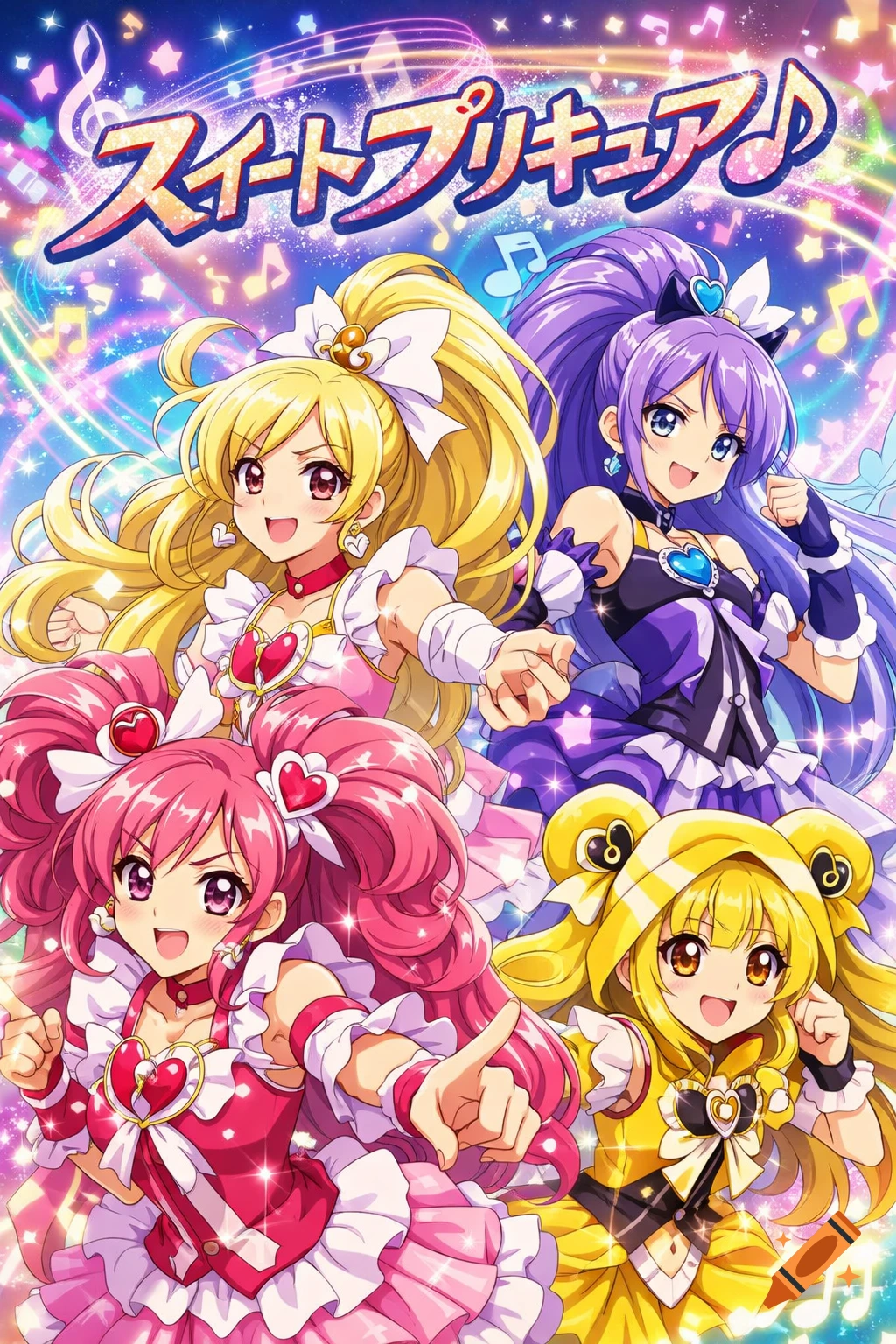 Four cheerful anime magical girls in colorful outfits pose against a star and musical note-filled background. Japanese text "Suite Precure" is at the top.