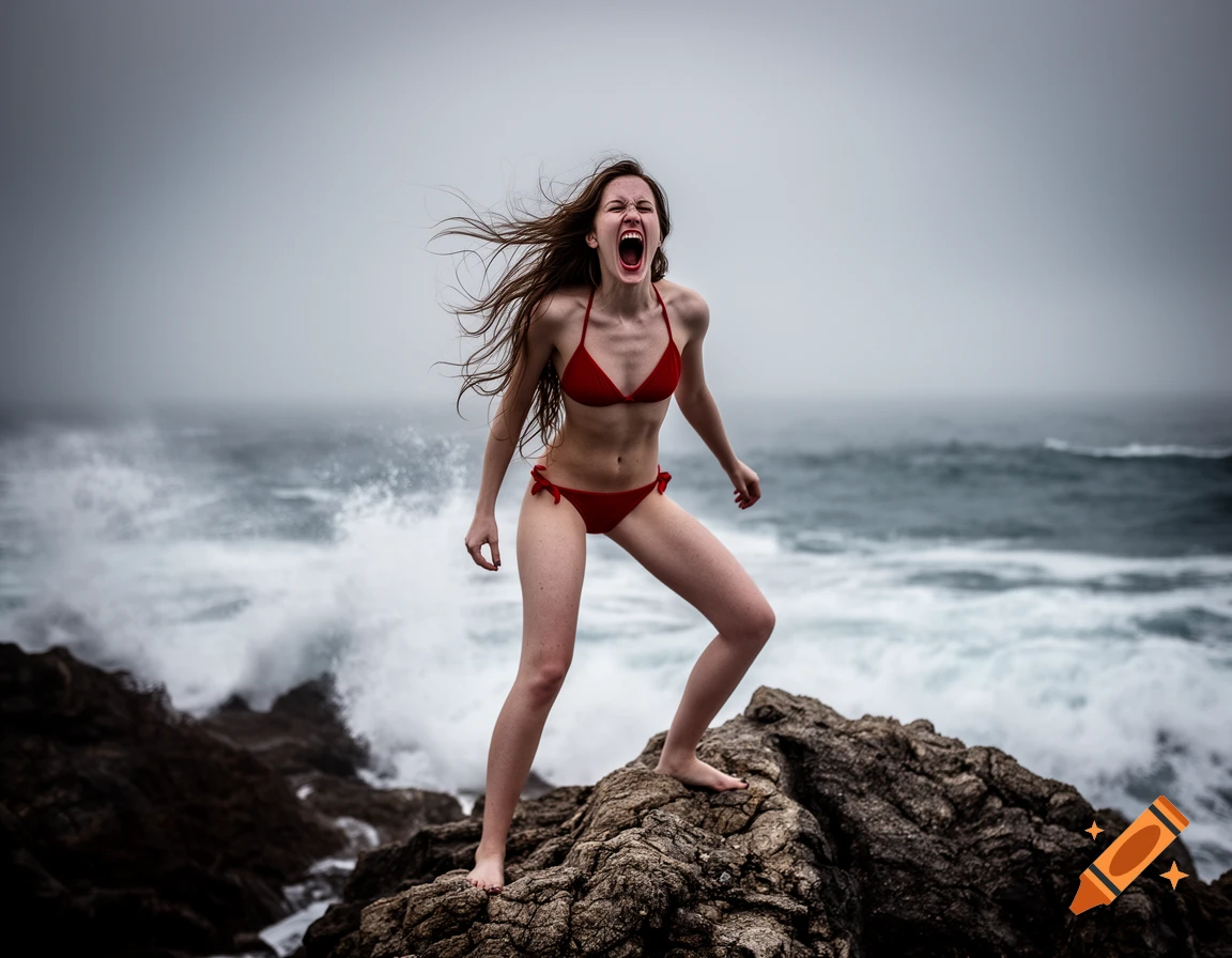 A woman in a red bikini screams while standing on dark rocks by a stormy, misty ocean with crashing waves. Photorealistic.