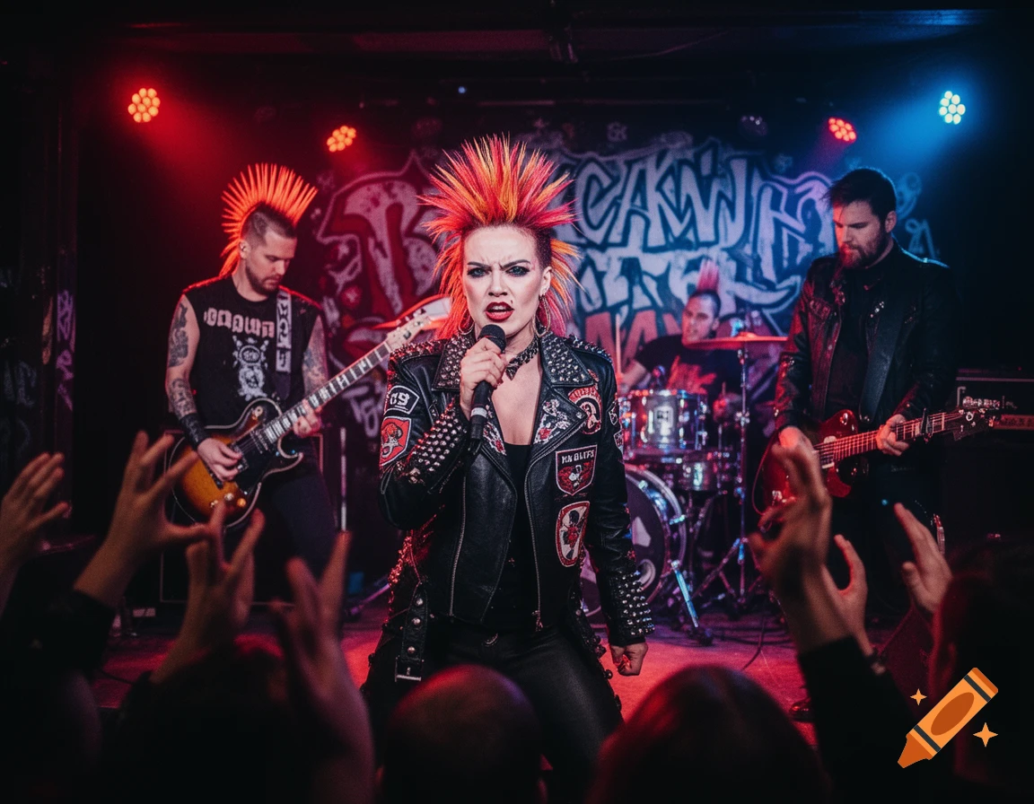 A vibrant image of a punk rock band performing on stage, featuring a female singer with a colorful mohawk and studded leather jacket.
