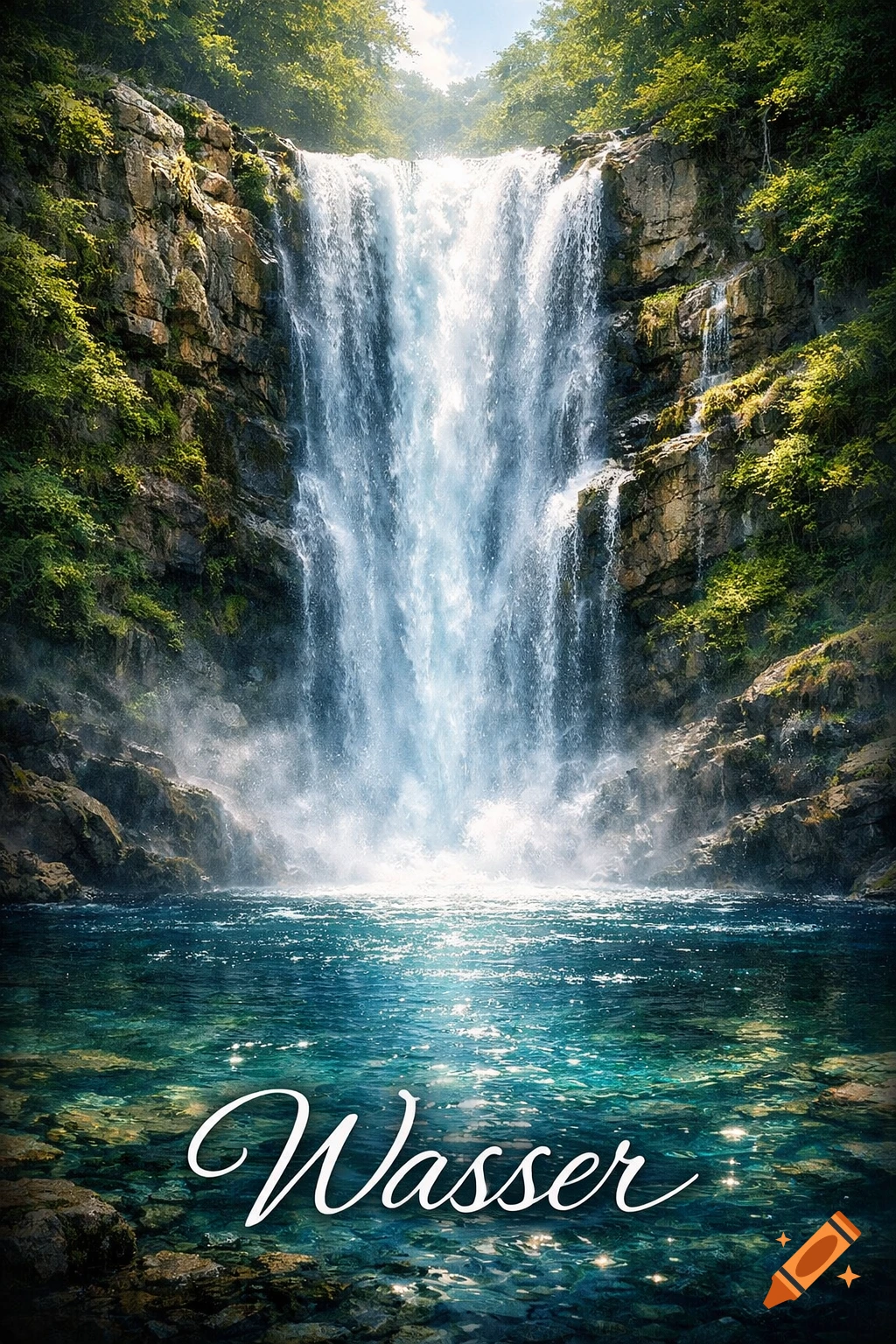 A majestic waterfall cascades into a sparkling blue pool, surrounded by lush green cliffs, with the word "Wasser" in script below. Photorealistic.