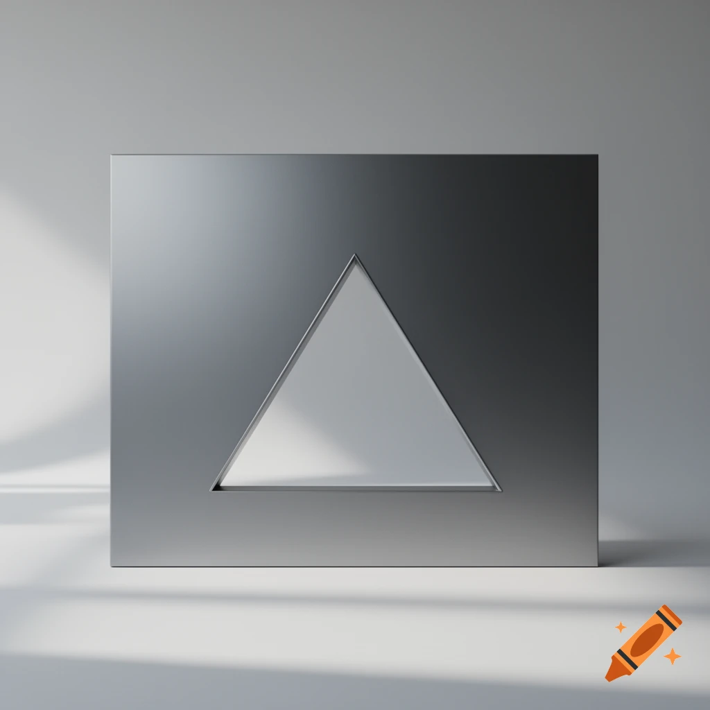 A metallic gray square with a triangular cutout in the center, casting subtle shadows on a light gray background, in a minimalist style.