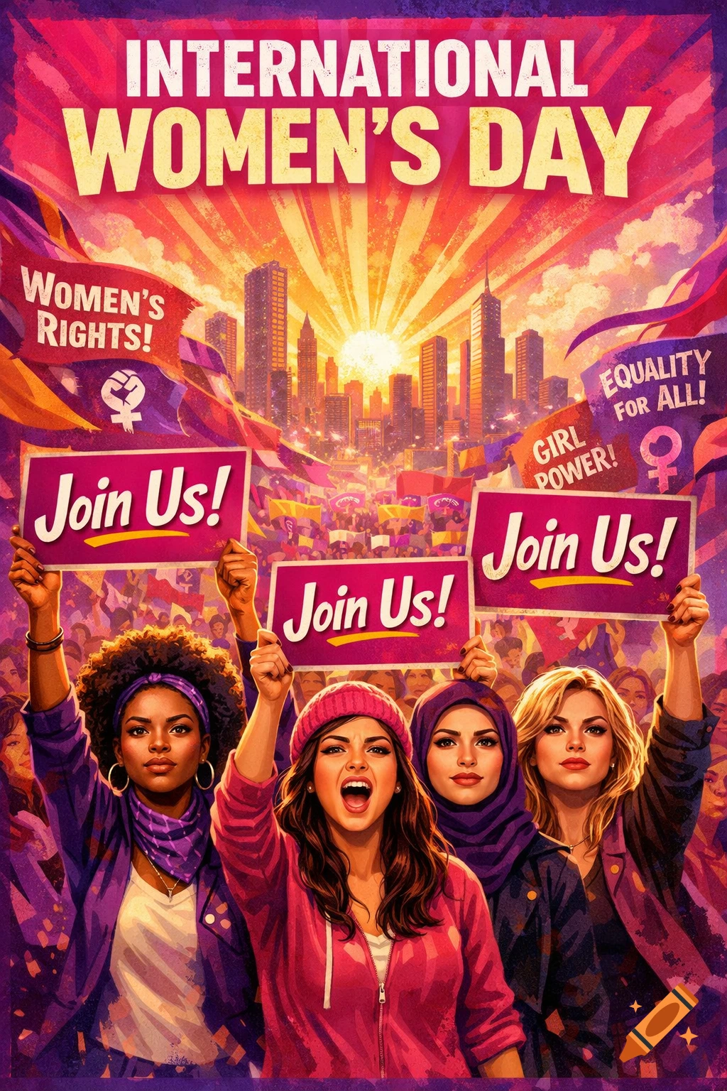 An energetic International Women's Day protest in a city, with diverse women holding 'Join Us!' signs under a bright sun.