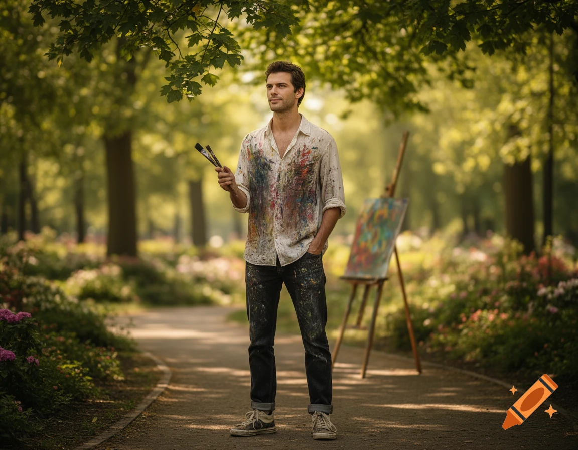 Male artist with paint-splattered clothes holds brushes in a sunny park with an easel.