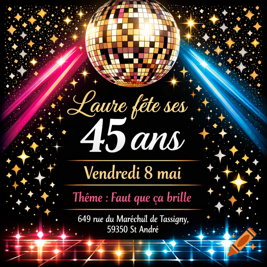 Disco-themed birthday invitation with a shiny disco ball, pink and blue lights, golden glitter on black, celebrating Laure's 45th.