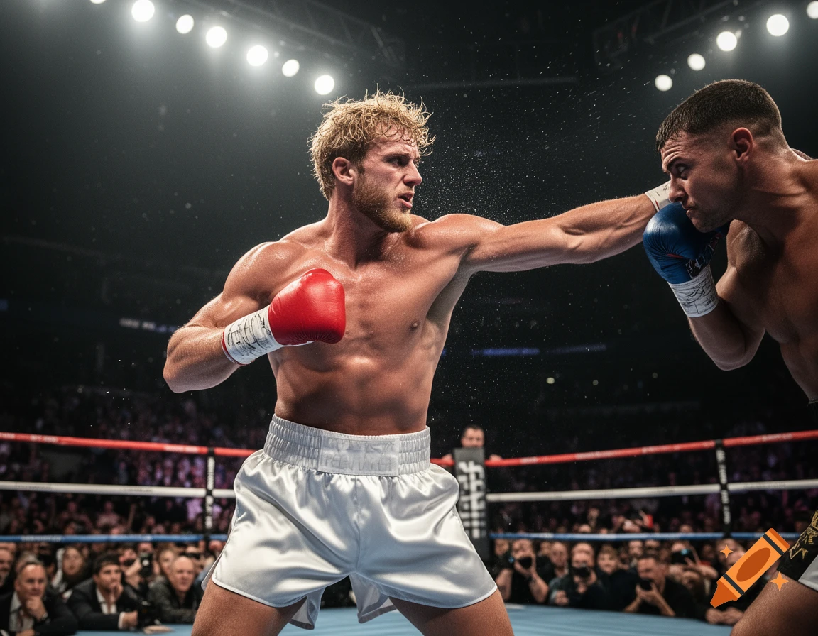 A boxer with blonde hair and red gloves throws a punch at an opponent in a brightly lit boxing ring filled with spectators.