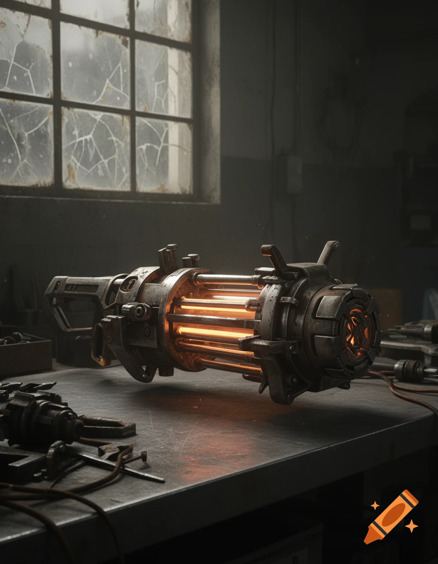 A rusty, glowing Half-Life 2 gravity gun sits on a workbench in a dimly lit, industrial workshop with a broken window.