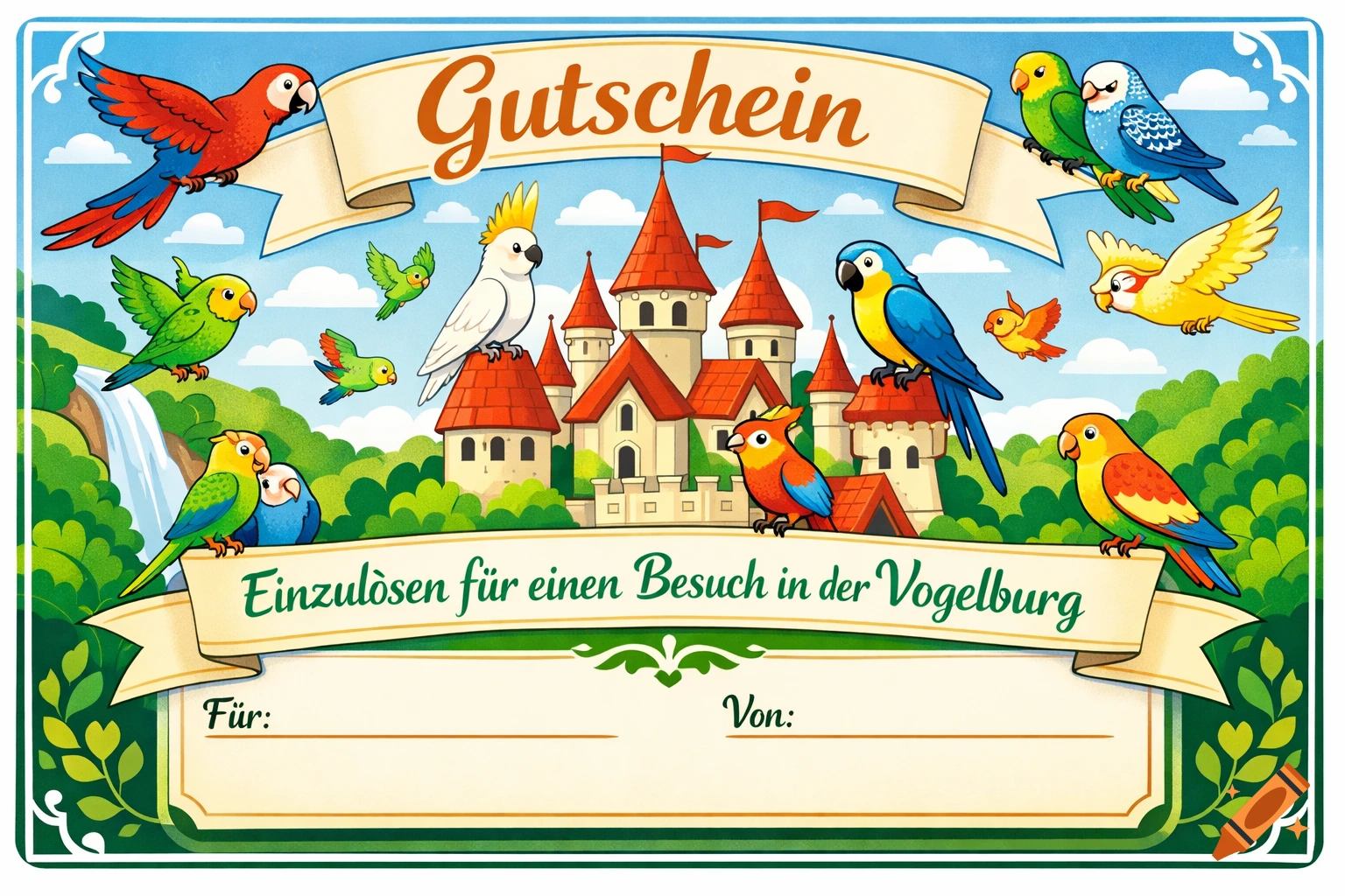 A colorful, cartoon-style voucher illustration with various parrots and parakeets around a fairytale castle and waterfalls.