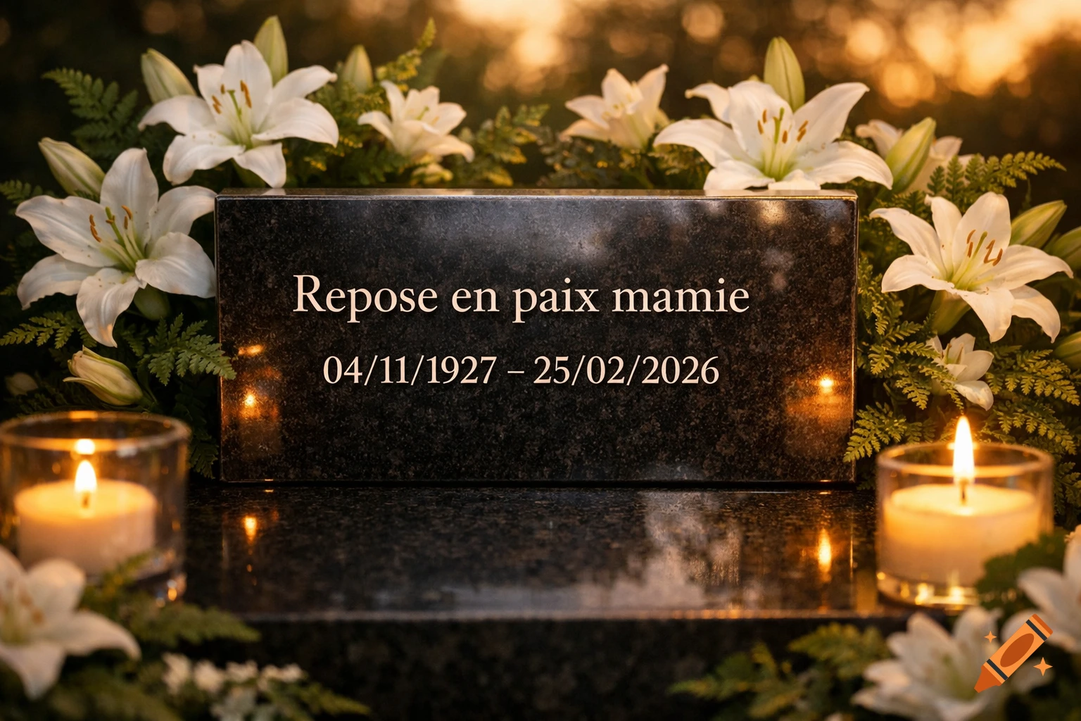 A dark memorial stone engraved with 'Repose en paix mamie' and dates, surrounded by white lilies and glowing candles, with a warm background light.