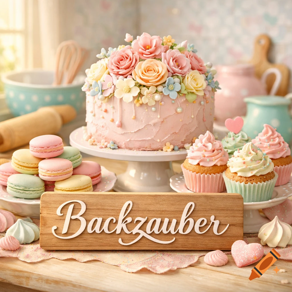 Pastel cake with floral decorations, cupcakes, macarons, and meringues on a wooden table, with a sign reading 'Backzauber'.