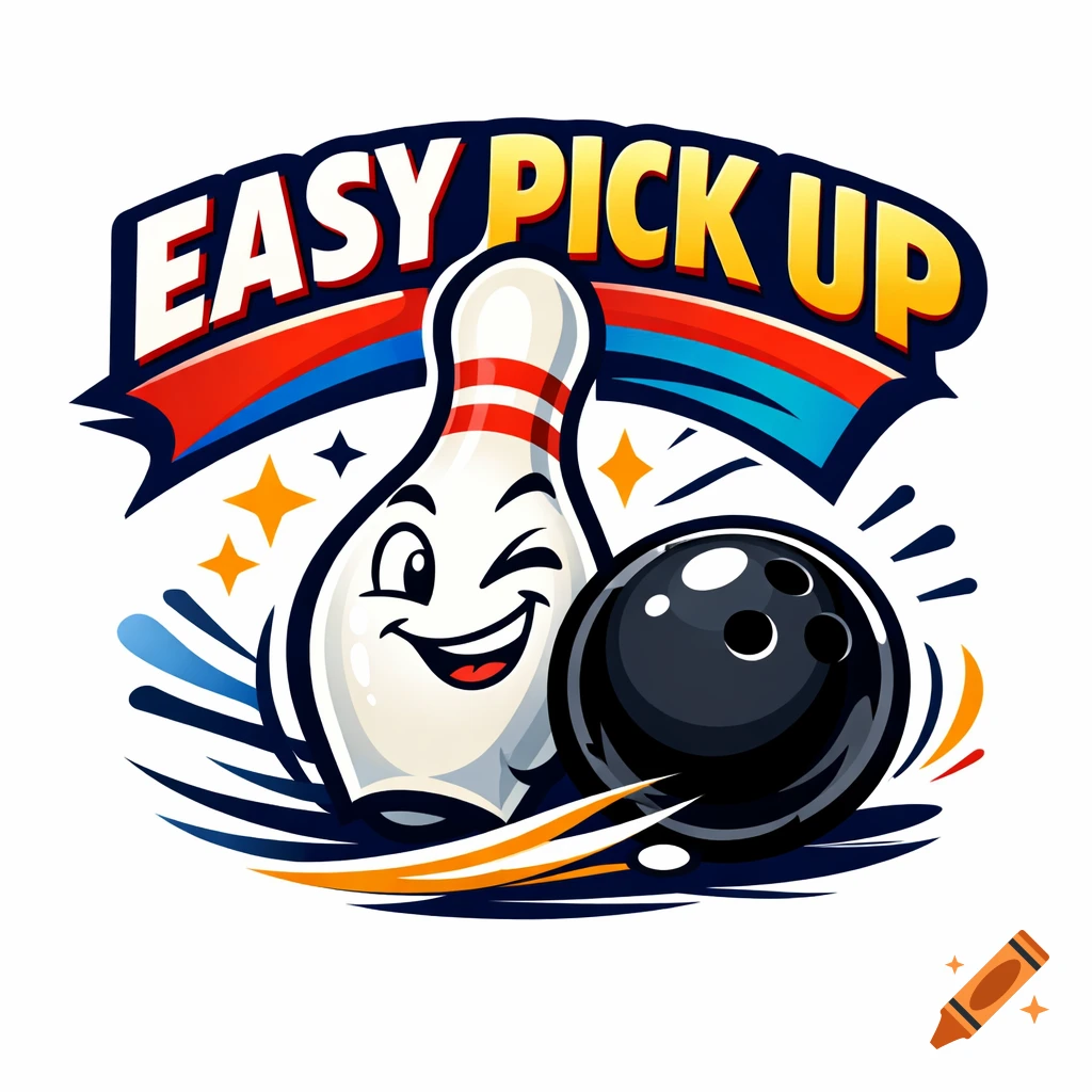 A colorful cartoon logo featuring a winking bowling pin next to a bowling ball, with a banner above reading "EASY PICK UP".