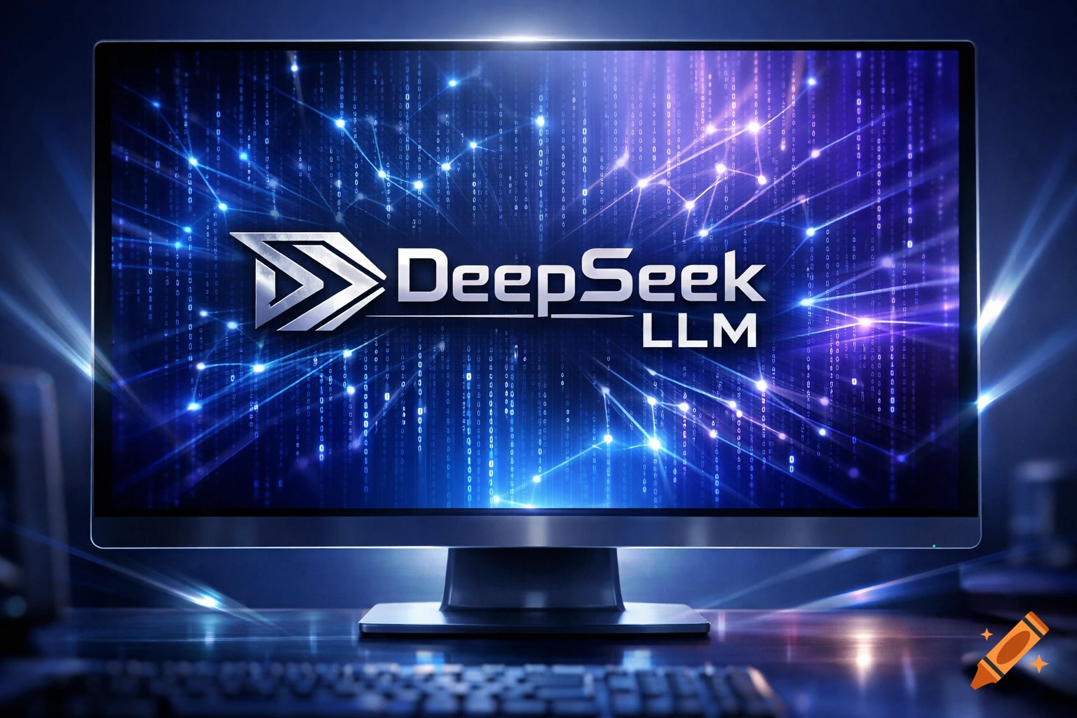 A computer monitor displaying the silver DeepSeek LLM logo against a glowing blue digital background with binary code.