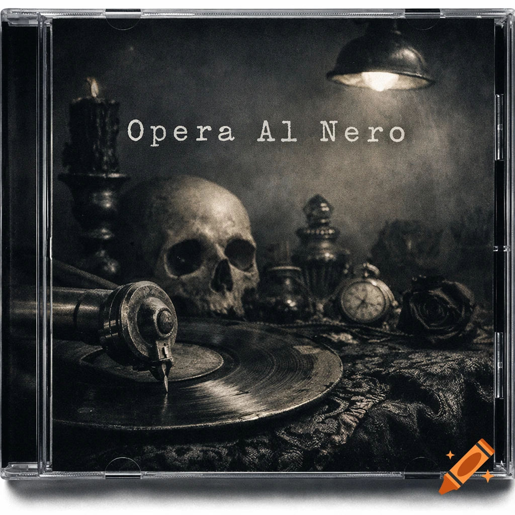Monochrome CD cover with a skull, gramophone, candle, pocket watch, and 'Opera Al Nero' text.