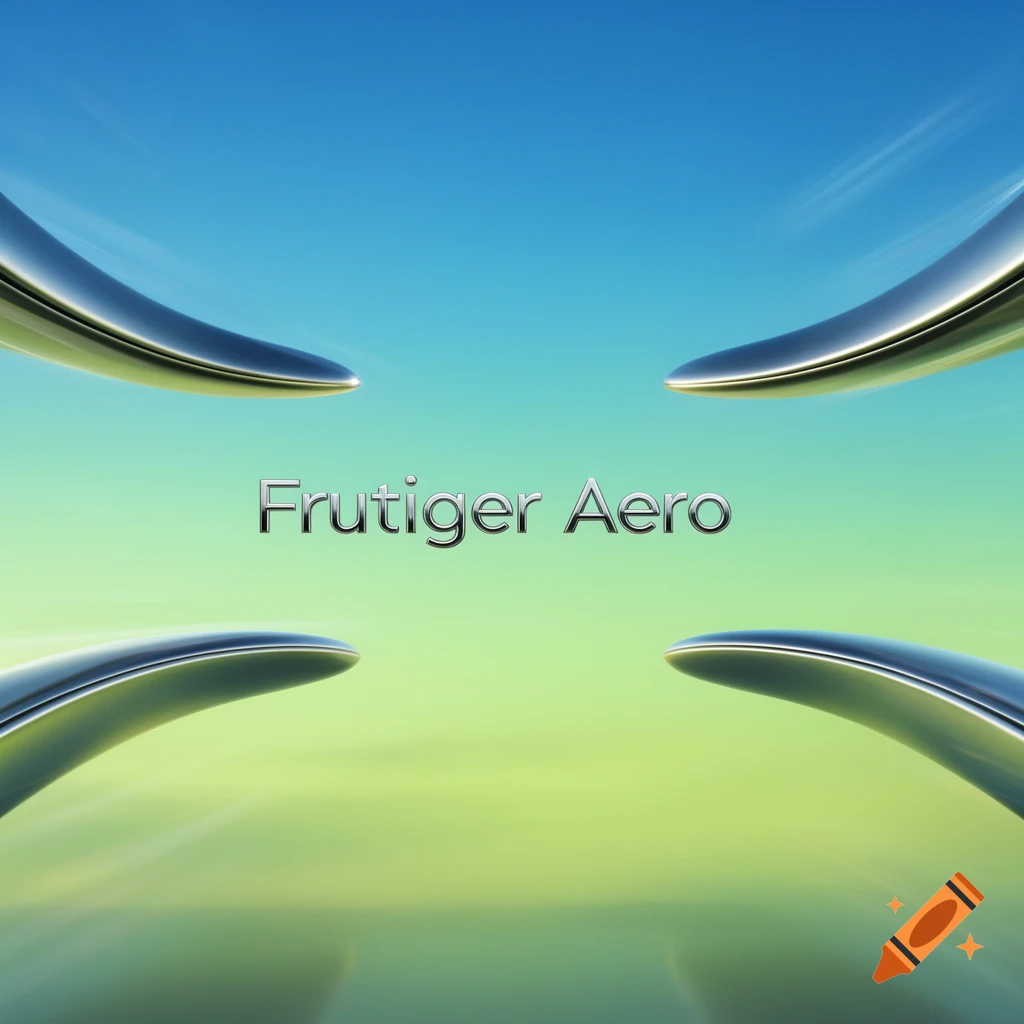 Metallic 'Frutiger Aero' text centered amidst four curved silver shapes on a blue and green gradient background.