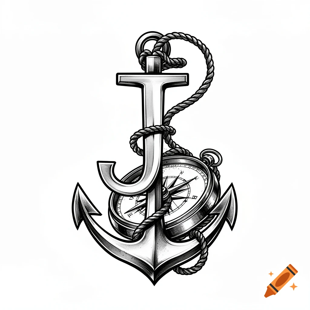 Monochromatic tattoo-style drawing of a large capital letter J shaped like an anchor, with a rope wrapped around it and a vintage compass attached.