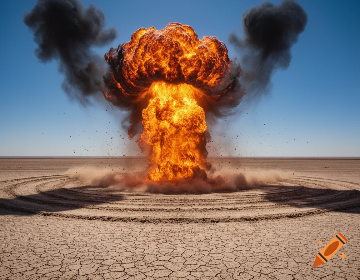 A massive orange and black explosion erupts in a cracked desert landscape under a clear blue sky.
