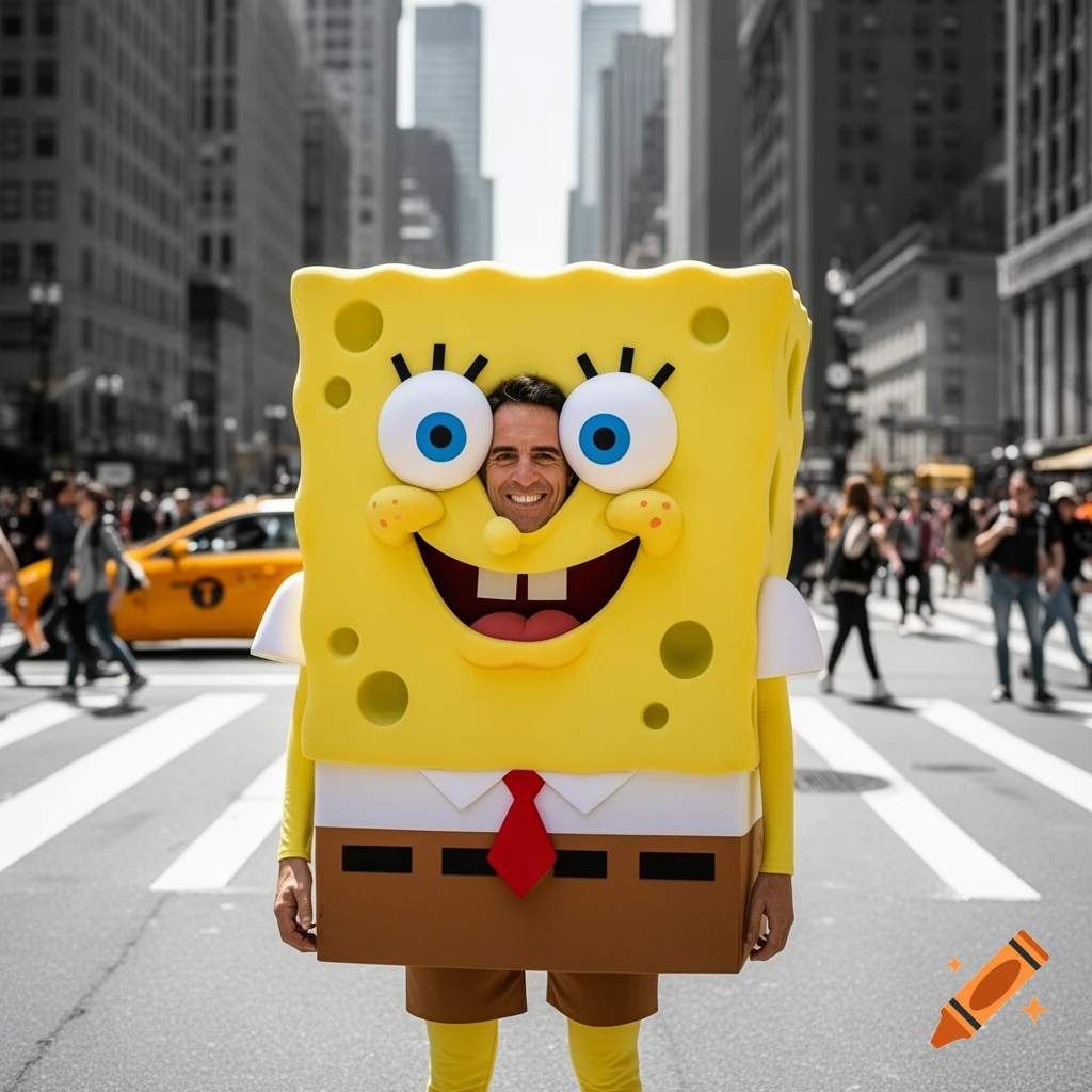 A man in a Spongebob costume stands smiling on a city street, with buildings and a yellow taxi in the background.